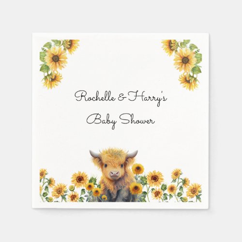 Cute Highland Cow Calf Sunflowers Baby Shower Napkins