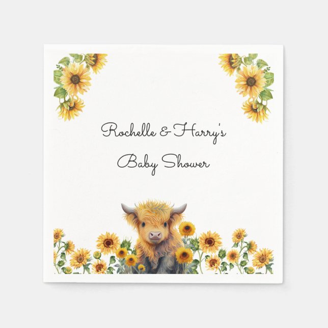 Cute Highland Cow Calf Sunflowers Baby Shower Napkins (Front)