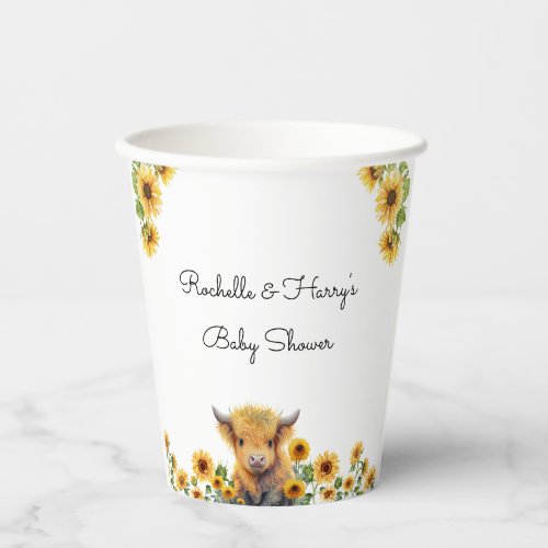 Cute Highland Cow Calf Sunflowers Baby Shower Paper Cups