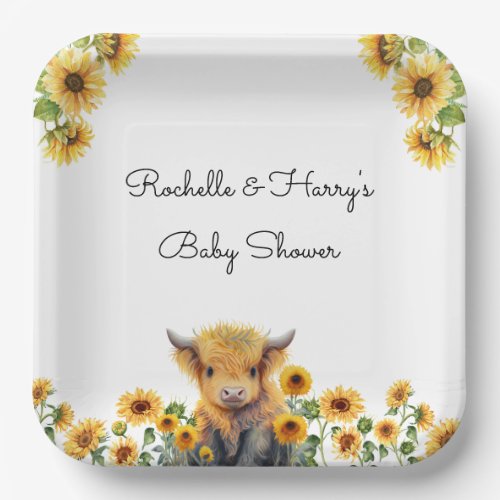 Cute Highland Cow Calf Sunflowers Baby Shower Paper Plates