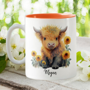 Cute Highland Cow Calf Sunflowers Personalized Two-Tone Coffee Mug