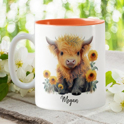 Cute Highland Cow Calf Sunflowers Personalized Two_Tone Coffee Mug