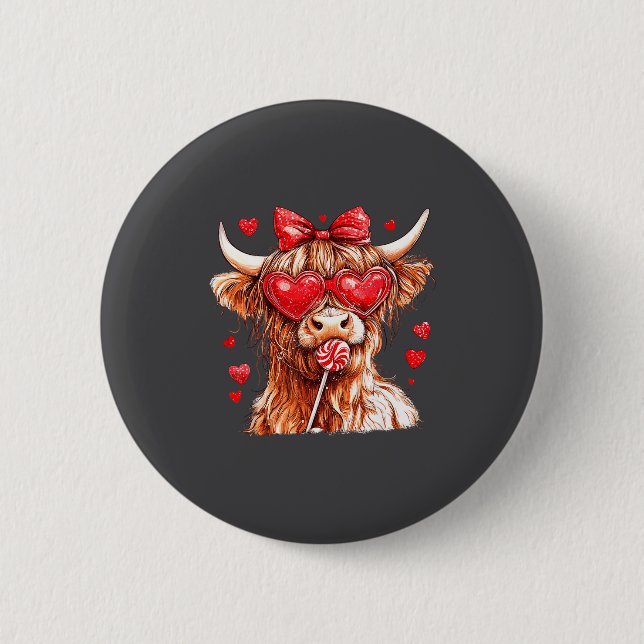 Cute Highland Cow Candy Cane Heart Valentines Day  Button (Front)