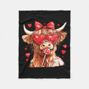 Cute Highland Cow Candy Cane Heart Valentines Day Fleece Blanket