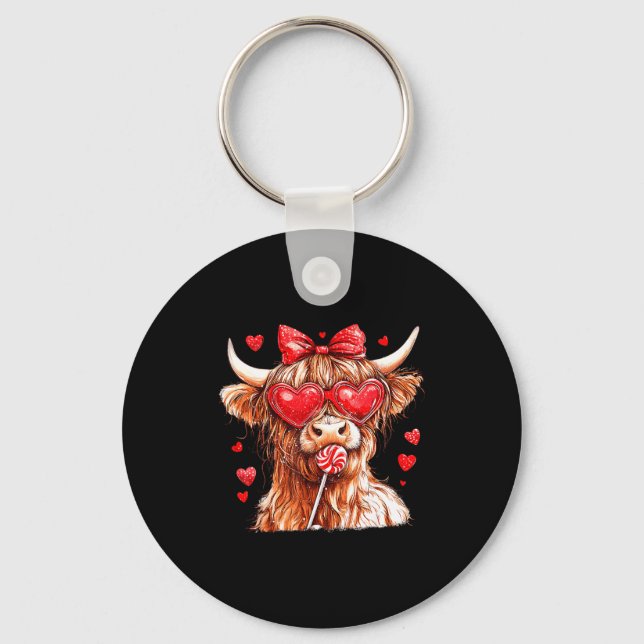 Cute Highland Cow Candy Cane Heart Valentines Day  Keychain (Front)