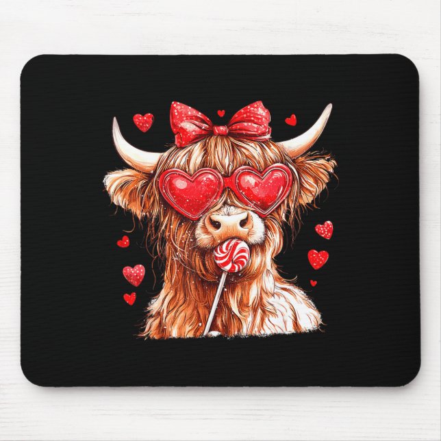 Cute Highland Cow Candy Cane Heart Valentines Day  Mouse Pad (Front)