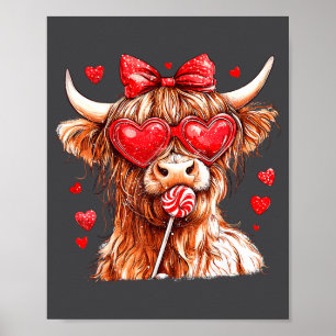 Cute Highland Cow Candy Cane Heart Valentines Day  Poster