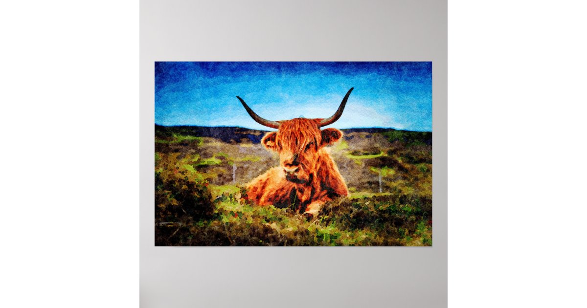 Cute Highland Cow Cattle Watercolour Art Painting Poster Zazzle