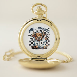 Cute Highland Cow Checkered Halloween Te Pocket Watch