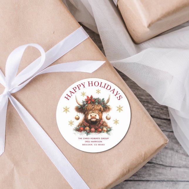 Cute Highland Cow Christmas Business Classic Round Sticker (Creator Uploaded)