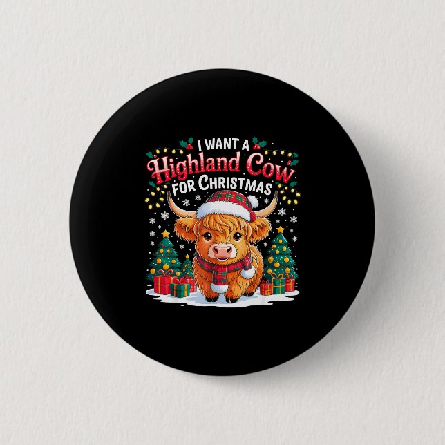 Cute Highland Cow Christmas Funny Santa Lights Hol Button (Front)