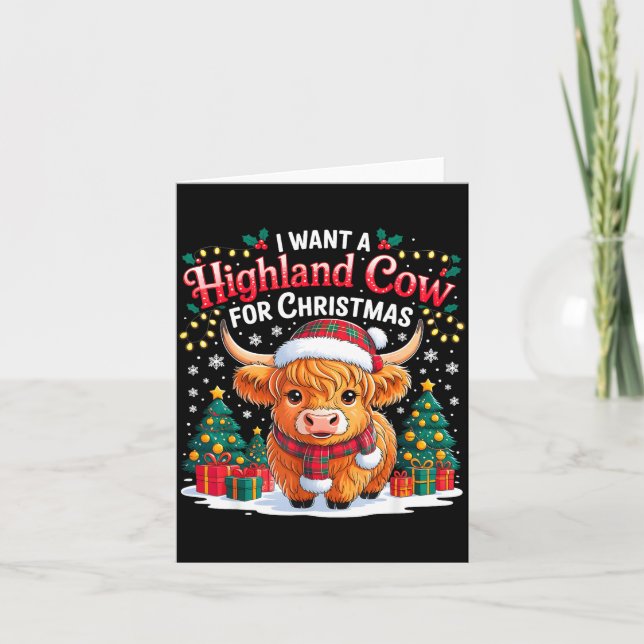 Cute Highland Cow Christmas Funny Santa Lights Hol Card (Front)