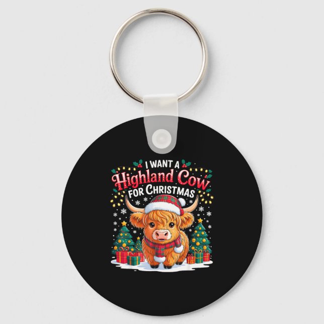 Cute Highland Cow Christmas Funny Santa Lights Hol Keychain (Front)
