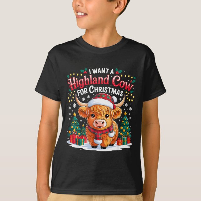Cute Highland Cow Christmas Funny Santa Lights Hol T-Shirt (Front)