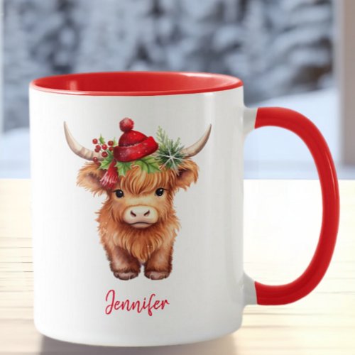 Cute Highland Cow Christmas Holiday Santa Hat Mug