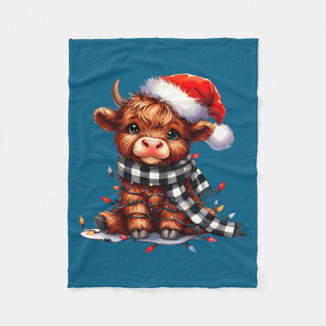 Cute Highland Cow Christmas Lights Santa Hat Winte Fleece Blanket (Front)