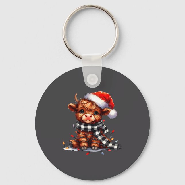 Cute Highland Cow Christmas Lights Santa Hat Winte Keychain (Front)