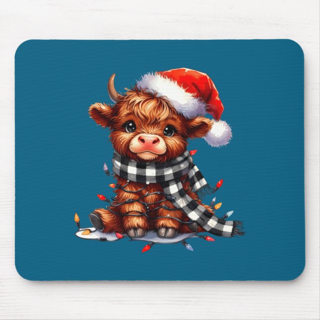 Cute Highland Cow Christmas Lights Santa Hat Winte Mouse Pad (Front)