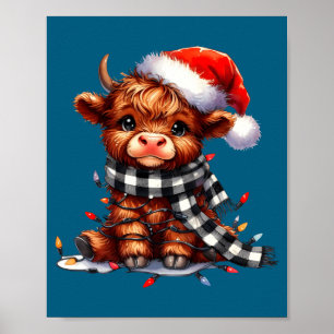 Cute Highland Cow Christmas Lights Santa Hat Winte Poster