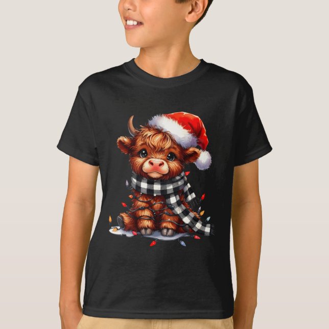 Cute Highland Cow Christmas Lights Santa Hat Winte T-Shirt (Front)