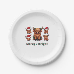 Cute Highland Cow Christmas Merry and Bright, Scot Paper Plates