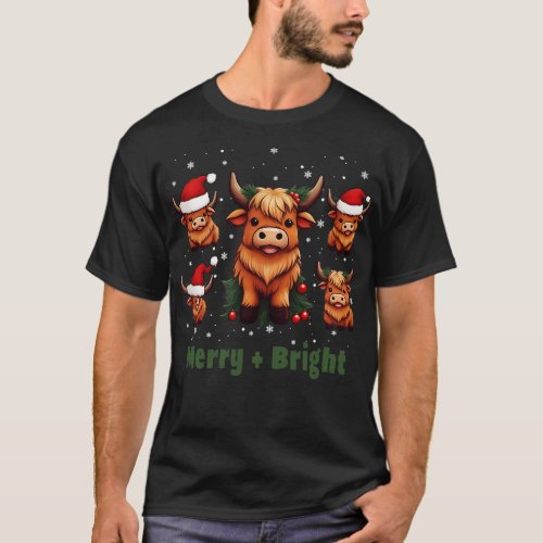 Cute Highland Cow Christmas Merry and Bright Scott T_Shirt