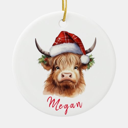 Cute Highland Cow Christmas Santa Hat Personalized Ceramic Ornament