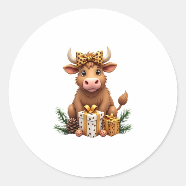 Cute Highland Cow Christmas Santa Highland Cow Lov Classic Round Sticker (Front)