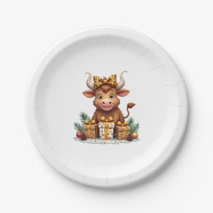Cute Highland Cow Christmas Santa Highland Cow Lov Paper Plates
