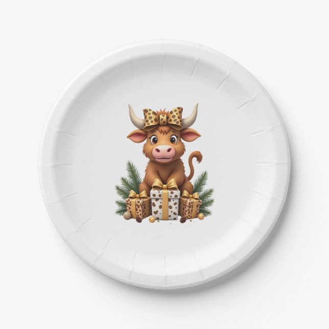 Cute Highland Cow Christmas Santa Highland Cow Lov Paper Plates (Front)
