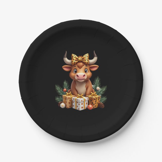 Cute Highland Cow Christmas Santa Highland Cow Lov Paper Plates (Front)