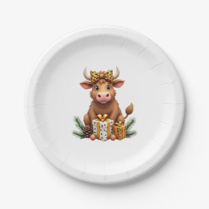 Cute Highland Cow Christmas Santa Highland Cow Lov Paper Plates
