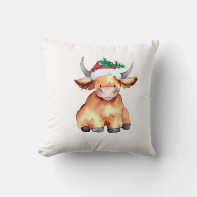 cute highland cow christmas tee throw pillow (Front)