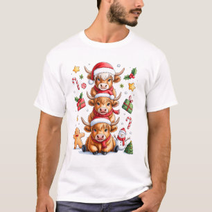 Cute Highland Cow Christmas Tree Fluffy Cow Santa T-Shirt