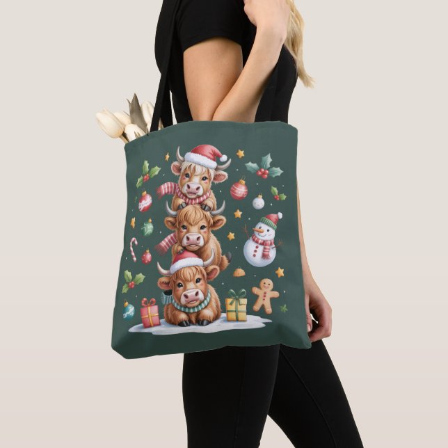 Cute Highland Cow Christmas Trees Hot Cocoa Cozy  Tote Bag (Close Up)