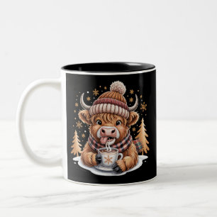 Cute Highland Cow Christmas Trees Hot Cocoa Cozy  Two-Tone Coffee Mug