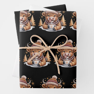 Cute Highland Cow Christmas Trees Hot Cocoa Cozy  Wrapping Paper Sheets