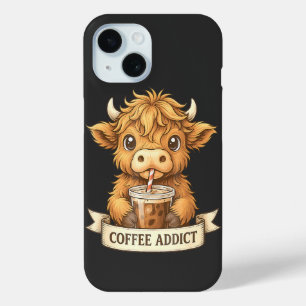 Cute Highland Cow Coffee Addict Funny Drink Coffee iPhone 15 Case