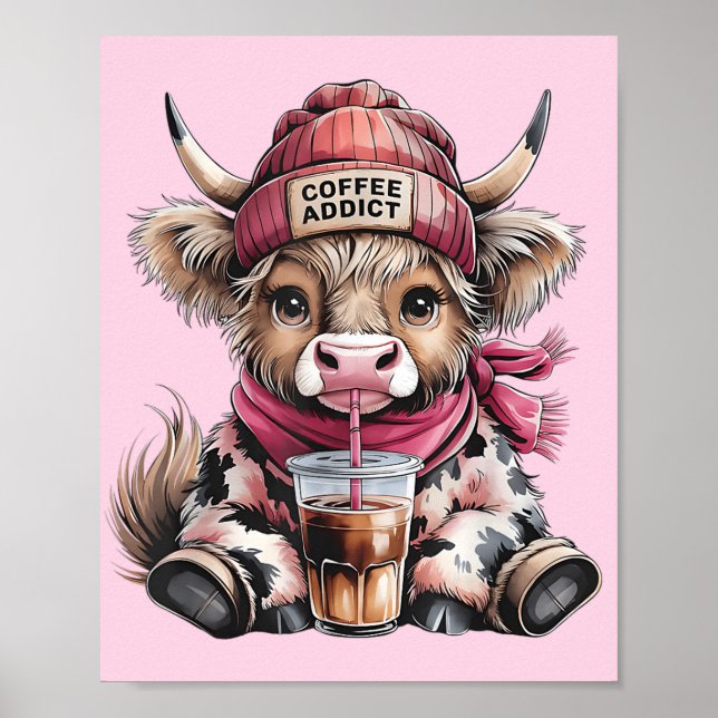 Cute Highland Cow Coffee Addict Funny Drink Coffee Poster (Front)