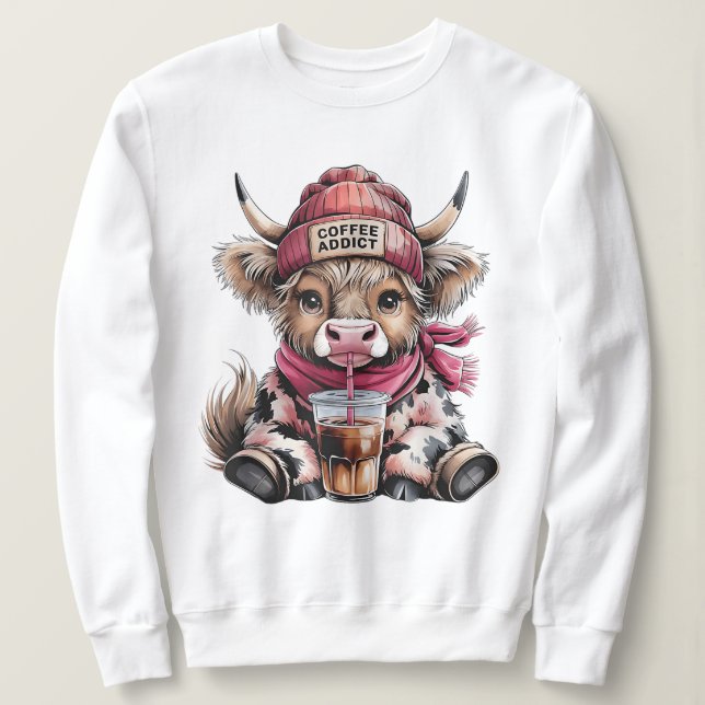 Cute Highland Cow Coffee Addict Funny Drink Coffee Sweatshirt (Design Front)