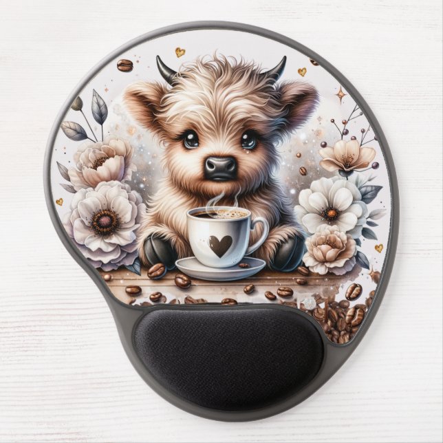 Cute Highland Cow Coffee Lover Mandala Gel Mouse Pad (Front)