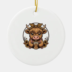 Cute Highland Cow Coffee Sunflower Vintage Shirt_1 Ceramic Ornament