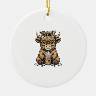 Cute Highland Cow Coffee Vintage Vector Shirt_1 Ceramic Ornament