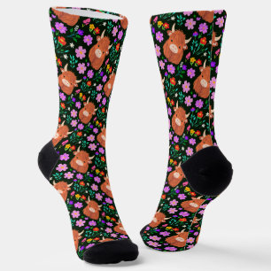 Cute Highland Cow Colorful Floral Black Socks