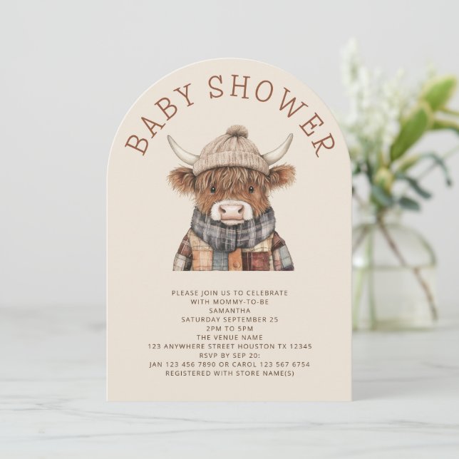 Cute Highland Cow Cream Baby Shower Arch Invitation (Standing Front)