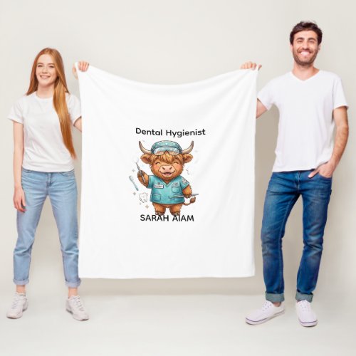 Cute Highland Cow Dental Hygienist Custom Name T-S Fleece Blanket