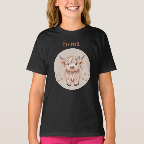 Cute Highland Cow Design for Girls T_Shirt