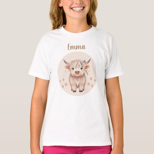 Cute Highland Cow Design for Girls T_Shirt