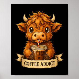 Cute Highland Cow Drink Coffee Funny For Men Women Poster