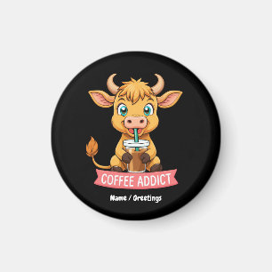 Cute Highland Cow Drinking Coffee Addict Joke Fun Magnet